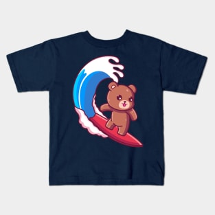 Cute brown bear surfing summer vacation Kids T-Shirt